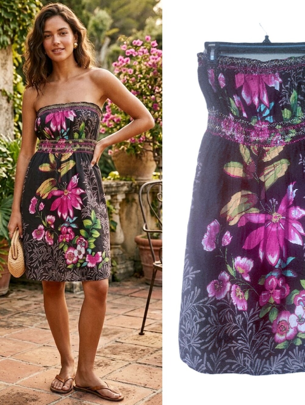 Y2K Black Strapless Tropical Prints Cotton Mini Dress Medium Lined Bohemian